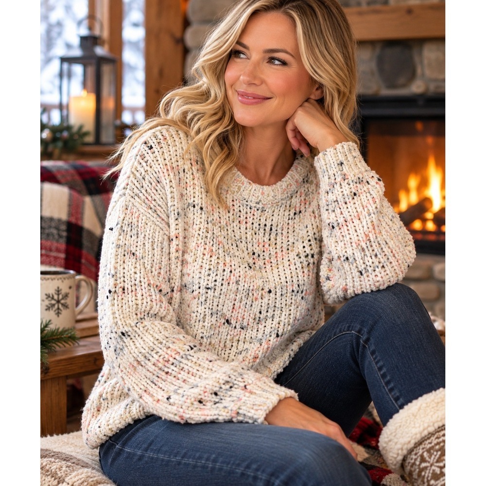 Blush & Bloom Speckled Chunky Knit Sweater Medium Cream Pink Cozy SOFT!  Winter